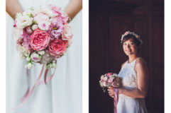 Photographies professionnelles d'une mariee et de son bouquet au chateau de la montmarie a olliergues en auvergne.